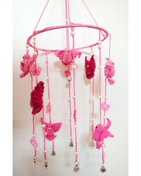 Happy Threads Birds Design Crochet Wind Chimes for Home (Pink & Red)